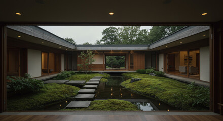 Tranquil zen-inspired home interior with lush green courtyard and stepping stones