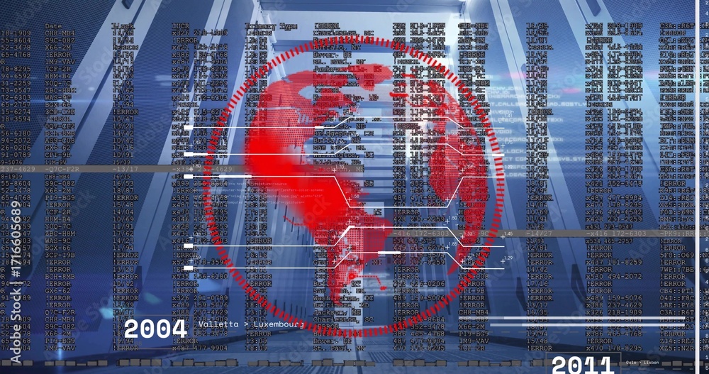 Poster displaying red globe overlaying data corridor with timeline labels and hexagonal connectors