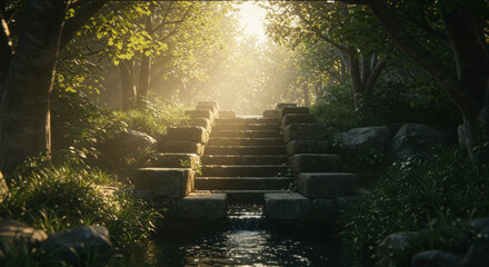 Ancient stone steps leading through mystical forest path with golden sunlight filtering through trees