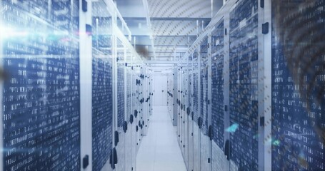 Stretching server room aisle showing racks blinking LEDs, network switches, overhead cable trays