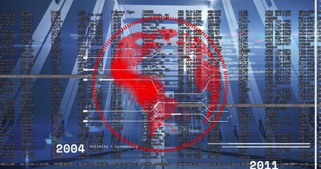 Displaying red globe overlaying data corridor with timeline labels and hexagonal connectors