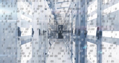 Displaying server rack corridor in data center, with network switches, patch cables, binary overlay