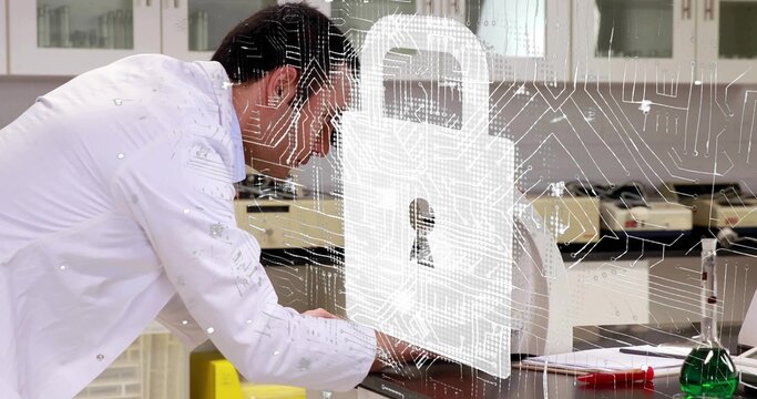 Leaning scientist in white lab coat adjusting centrifuge in lab with flask pipette, copy space - Powered by Adobe