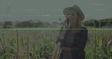 Holding smartphone to ear farmer wearing straw hat in cornfield under data overlay, copy space