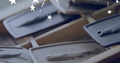 Placing grey tray showcasing fish relief on rack at studio, copy space with star-shaped overlays