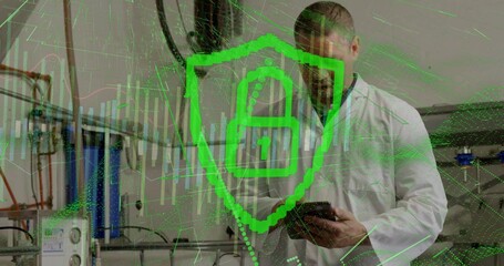 Scientist in lab coat analyzing tablet in industrial lab, with digital shield and candlestick chart