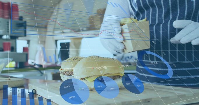 Cook wearing striped apron with gloves lifting burger into box at prep station with data overlay - Powered by Adobe