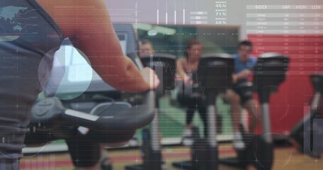 Exercising woman in sportswear operating elliptical in cardio gym, with data overlays, copy space