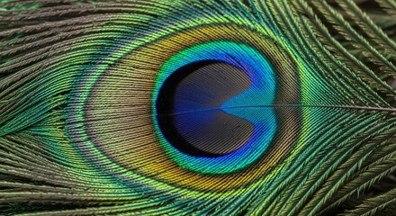Obraz premium Close-up of a vibrant and iridescent peacock feather, showcasing its stunning natural patterns and rich blue, green, and gold hues, embodying nature's exquisite artistry