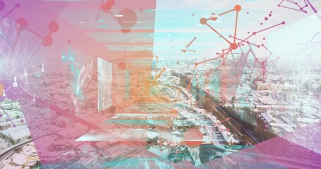 Obraz premium Displaying colorful network overlay across office hallway windows, with snowy rooftops and shapes