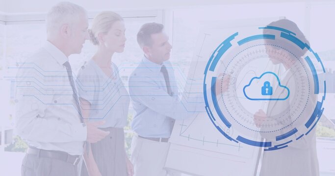 Pointing at line graph on flip chart, team collaborating in conference room with cloud lock overlay