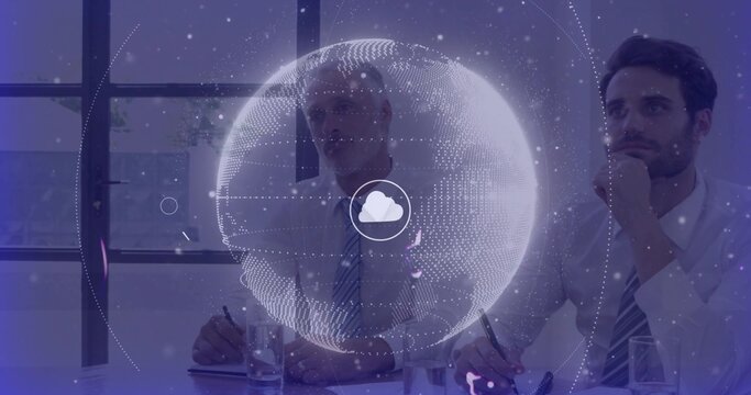 Two colleagues studying floating holographic globe with cloud icon in conference room, holding pens - Powered by Adobe