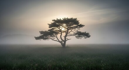 Obraz premium Solitary Tree Silhouette Against Misty Sunrise in Grassy Field