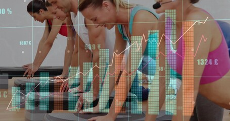 Performing participants in activewear planking in fitness studio with steps, mats and data charts