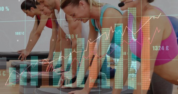 Fototapeta Performing participants in activewear planking in fitness studio with steps, mats and data charts