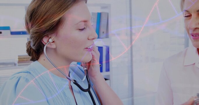 Medical professional adjusting stethoscope earpiece in clinic, with peer watching and DNA overlay
