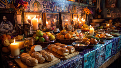 Traditional Mexican Day of the Dead Ofrenda with Candles, Pan de Muerto, and Offerings