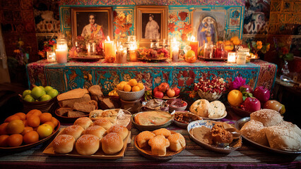 Traditional Mexican Day of the Dead Ofrenda with Candles, Pan de Muerto, and Offerings
