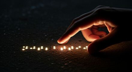 Realistic hand silhouette gently touching glowing Braille dots on dark background.