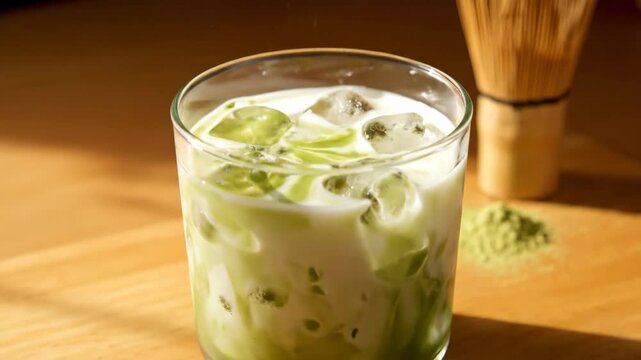 Refreshing matcha latte with ice cubes on wooden table in sunlight