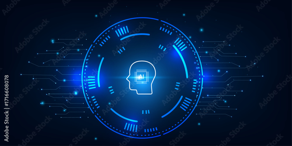 Poster ai brain icon with tech hud background