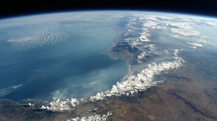 Fototapeta premium Earth coastline view from space showing ocean clouds land and atmosphere