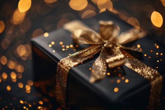 A black gift box with a gold ribbon and bokeh lights in the background for a festive celebration