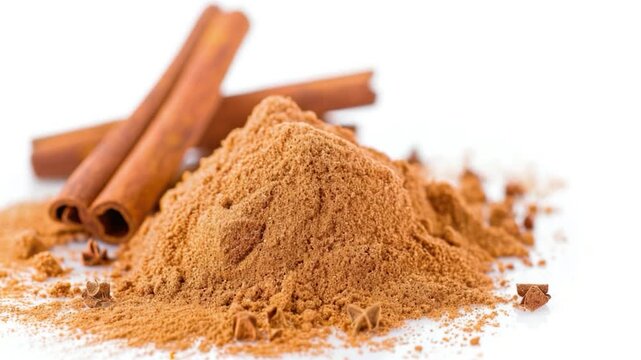 A pile of cinnamon powder and sticks, suitable for cooking or decorating