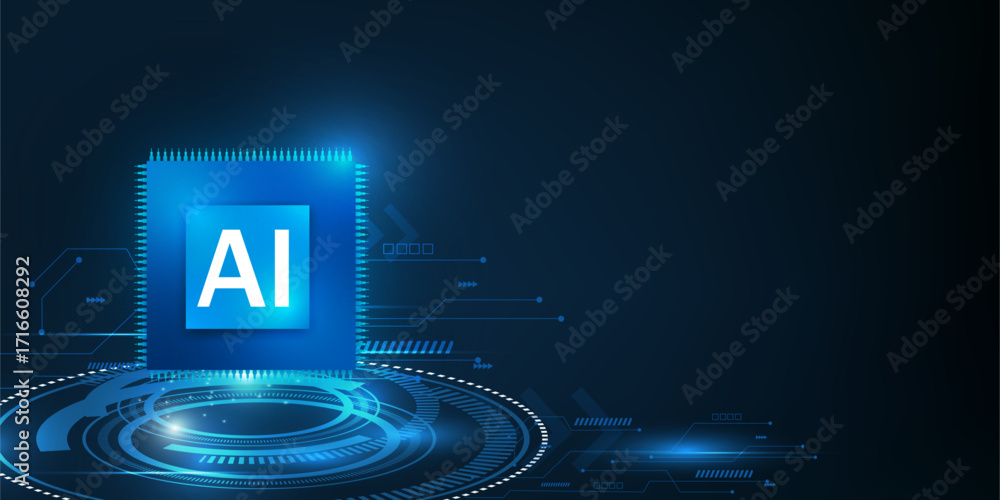 Poster futuristic ai chip on circuit board with blue digital tech background