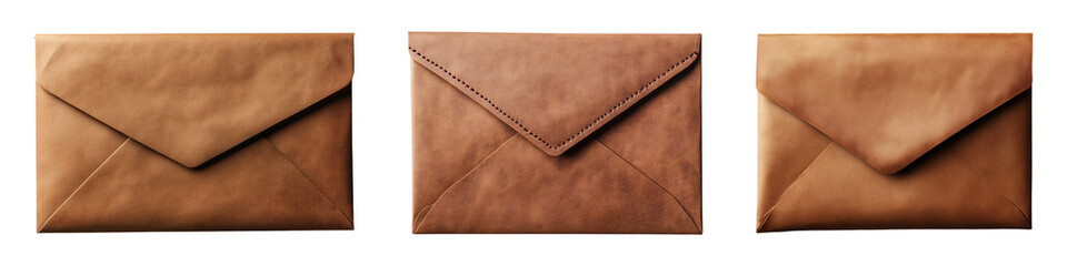 Three envelopes crafted from textured brown leather showcase differing styles on transparent background