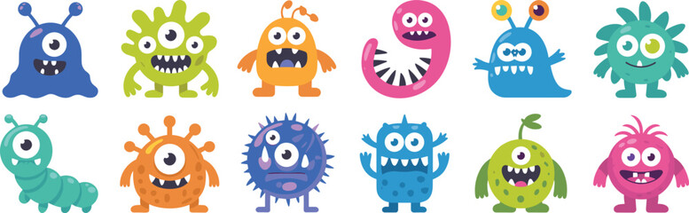 Cartoon monsters, colorful characters, one-eyed creatures, playful expressions, fantasy icons, kids illustration, whimsical design, children’s media assets