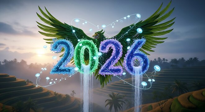 Countdown to a New Era Mystical Phoenix Rises in 2026, Symbolizing Rebirth and Innovation Amidst Serene Natural Landscapes and Futuristic Elements