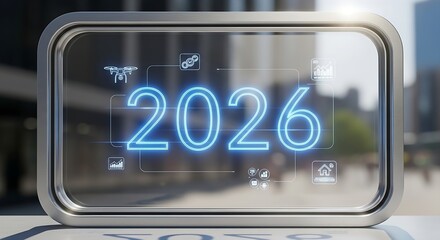 Obraz premium Future technology and innovation 2026 futuristic digital screen with icons representing advancements in drones, smart homes, and connectivity, symbolizing progress
