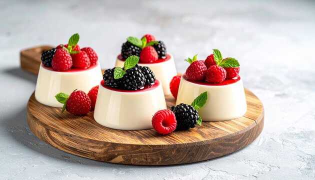 Rustikales Holzbrett mit einem Teller Panna Cotta
