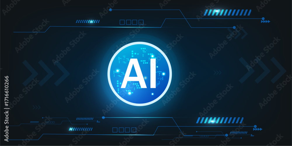 Poster artificial intelligence processor and microchip concept with neon blue circuit tech background desig