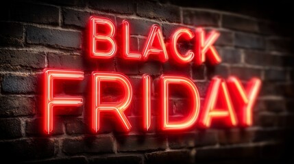Obraz premium Black Friday Neon Lights, Vibrant Red Glow Against Brick Wall for the Biggest Shopping and Discount Event of the Year
