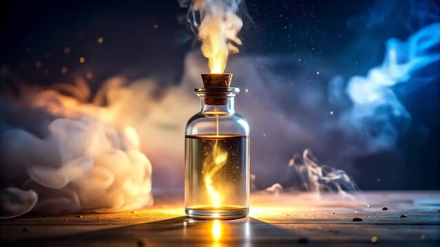 Mysterious Potion Bottle with Magical Fire and Smoke.