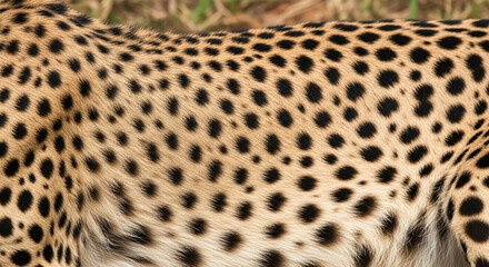 Close-up of a wild cheetah's fur, highlighting its distinctive black spot pattern on a golden-tan coat. This natural camouflage showcases the unique texture and beauty of this powerful big cat