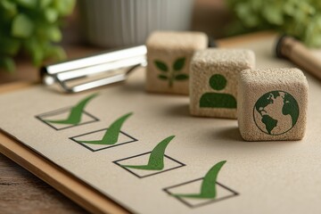 ESG compliance checklist with green check marks on clipboard and wooden blocks showing environment society and governance responsibility