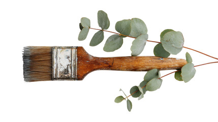 A single wooden paint brush with green leaves isolated on white background 