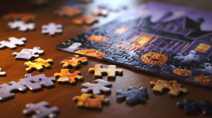 Colorful Halloween puzzle pieces scattered around a completed spooky haunted house scene on a wooden table