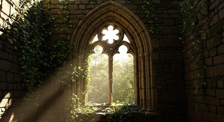 Obraz premium Sunlit Gothic Ruin Window with Lush Vines
