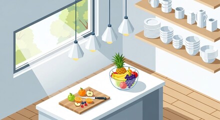 Kitchen Counter with Fruit Bowl and Window View