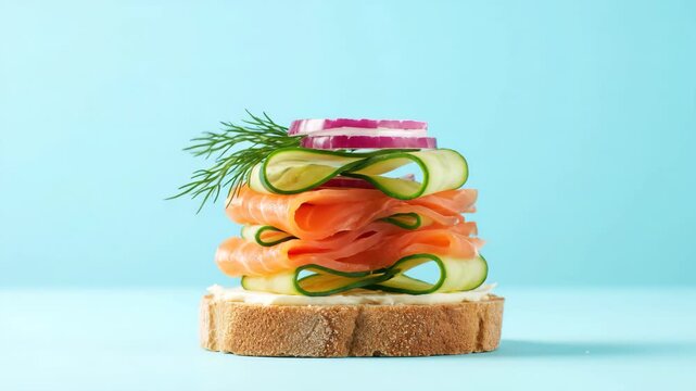 Gourmet smoked salmon sandwich with fresh vegetables on blue background