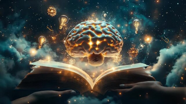 Brain hovering concept: learning focus, study symbol, knowledge source, mental power, book wisdom, education path, intellectual growth, cognitive skill, mind strength, academic journey, idea spark