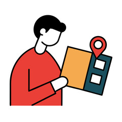 Person with a map and a location pin indicating travel or delivery destination