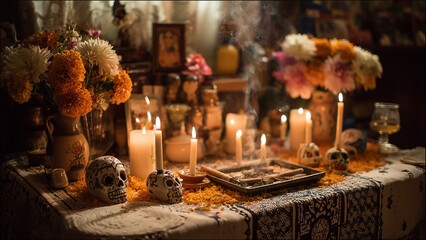 Day of the Dead Altar with Candles and Marigold Flowers