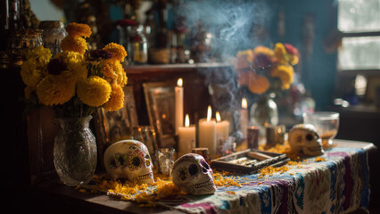 Day of the Dead Altar with Candles and Marigold Flowers