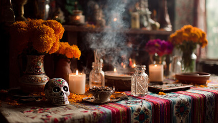 Day of the Dead Altar with Candles and Marigold Flowers