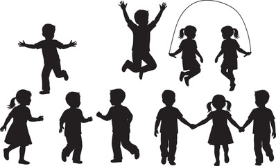 Silhouette children playing, running, jumping, skipping rope, holding hands, happy kids activity, childhood fun, outdoor games, active lifestyle, joyful illustration